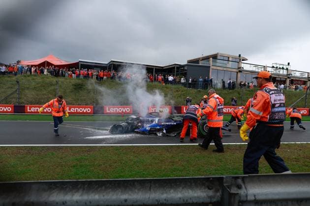 Car of 2 Logan Sargeant (USA, Williams Racing) after his crash, F1 Grand Prix of the Netherlands at Circuit Zandvoort on August 24, 2024 in Zandvoort, Netherlands. (Photo by HOCH ZWEI) Zandvoort Netherlands