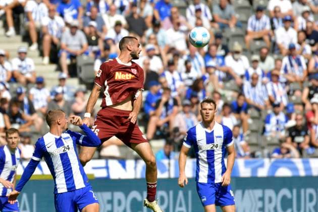 24.08.2024, xlakx, Fussball 2.Bundesliga, Hertha BSC Berlin - Jahn Regensburg emspor, v.l. Rasim Bulic (SSV Jahn Regensburg 5),Pascal Klemens (Hertha BSC 41) (DFL DFB REGULATIONS PROHIBIT ANY USE OF PHOTOGRAPHS as IMAGE SEQUENCES and or QUASI-VIDEO) Daniel Lakomski Jan Huebner Berlin