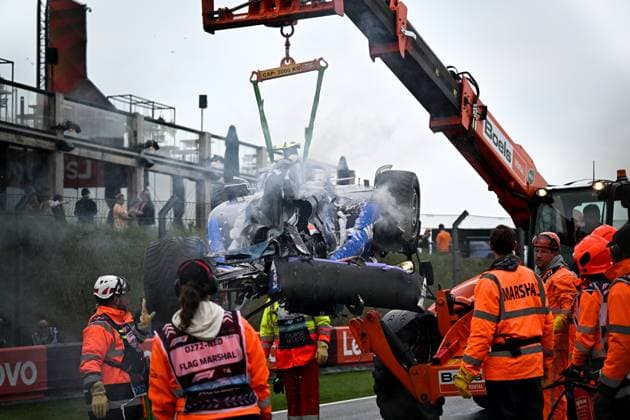 Damaged car of 2 Logan Sargeant (USA, Williams Racing) after his crash, F1 Grand Prix of the Netherlands at Circuit Zandvoort on August 24, 2024 in Zandvoort, Netherlands. (Photo by HOCH ZWEI) Zandvoort Netherlands