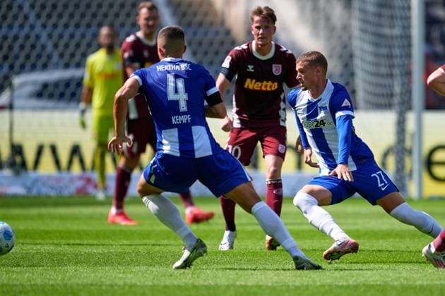 Michael Cuisance (Hertha BSC, 27), Marc Oliver Kempf (Hertha BSC, 04), GER, Hertha BSC vs. SSV Jahn Regensburg, Fussball Herren, 2. Bundesliga, Saison 2024 2025, 03. Spieltag, 24.08.2024. (DFL REGULATIONS PROHIBIT ANY USE OF PHOTOGRAPHS AS IMAGE SEQUENCES AND OR QUASI - VIDEO). GER, Hertha BSC vs. SSV Jahn Regensburg, Fussball Herren, 2. Bundesliga, Saison 2024 2025, 03. Spieltag, 24.08.2024. Berlin