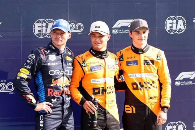 24.08.2024, xsvx, Motorsport FIA Formel 1, Großer Preis der Niederlande 2024 emspor, v.l. Max Verstappen (Oracle Red Bull Racing) Startnummer 1 Lando Norris (McLaren) Startnummer 04 Oscar Piastri (McLaren) Startnummer 81 Pole Position (FIA REGULATIONS PROHIBIT ANY USE OF PHOTOGRAPHS as IMAGE SEQUENCES and or QUASI-VIDEO) Zandvoort