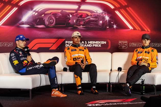 NORRIS Lando (gbr), McLaren F1 Team MCL38, portrait VERSTAPPEN Max (ned), Red Bull Racing RB20, portrait PIASTRI Oscar (aus), McLaren F1 Team MCL38, portrait press conference, PK, Pressekonferenz during the Formula 1 Heineken Dutch Grand Prix 2024, 15th round of the 2024 Formula One World Championship, WM, Weltmeisterschaft from August 23 to 25, 2024 on the Circuit Zandvoort, in Zandvoort, Netherlands - F1 - DUTCH GRAND PRIX 2024 DPPI Panoramic 240824_R15_OLANDA_DP_XB3_5180