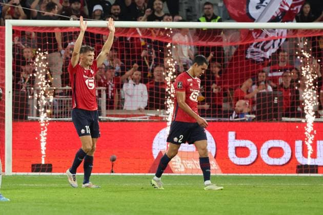 Célébration de Thomas MEUNIER (LOSC Lille) lors du match LOSC Lille vs Angers SCO, Ligue 1, Decathlon Arena stade Pierre Mauroy, le 24 août 2024 FOOTBALL : LOSC Lille vs Angers SCO - Ligue 1 24 08 2024 LaurentSanson Panoramic 