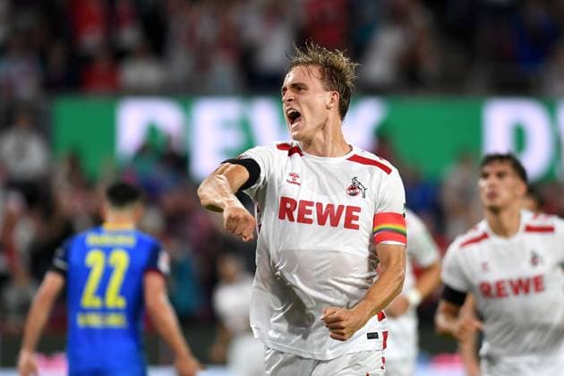 24.08.2024, Cologne, Germany, Rhein-Energie-Stadium, 1. FC Koeln vs Eintracht Braunschweig - 2. Bundesliga, Timo Huebers (1. FC Koeln) Torjubel, jubelt nach seinem Treffer zum 1:0 (Foto Ralf Treese) DFB DFL REGULATIONS PROHIBIT ANY USE OF PHOTOGRAPHS AS IMAGE SEQUENCES AND OR QUASI-VIDEO. Cologne Rhein-Energie-Stadium North Rhine-Westphalia Germany