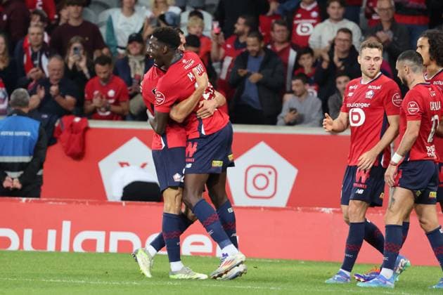 Joie des joueurs du LOSC après le but de Mohamed BAYO (LOSC Lille) lors du match LOSC Lille vs Angers SCO, Ligue 1, Decathlon Arena stade Pierre Mauroy, le 24 août 2024 FOOTBALL : LOSC Lille vs Angers SCO - Ligue 1 24 08 2024 LaurentSanson Panoramic 