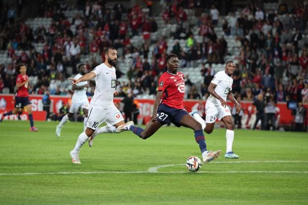 But et joie de Mohamed BAYO (LOSC Lille) lors du match LOSC Lille vs Angers SCO, Ligue 1, Decathlon Arena stade Pierre Mauroy, le 24 août 2024 FOOTBALL : LOSC Lille vs Angers SCO - Ligue 1 24 08 2024 LaurentSanson Panoramic 