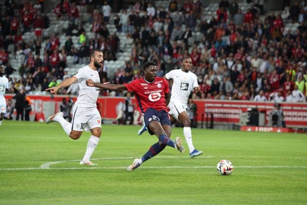 But et joie de Mohamed BAYO (LOSC Lille) lors du match LOSC Lille vs Angers SCO, Ligue 1, Decathlon Arena stade Pierre Mauroy, le 24 août 2024 FOOTBALL : LOSC Lille vs Angers SCO - Ligue 1 24 08 2024 LaurentSanson Panoramic 