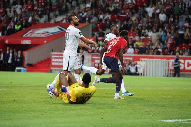 But et joie de Mohamed BAYO (LOSC Lille) lors du match LOSC Lille vs Angers SCO, Ligue 1, Decathlon Arena stade Pierre Mauroy, le 24 août 2024 FOOTBALL : LOSC Lille vs Angers SCO - Ligue 1 24 08 2024 LaurentSanson Panoramic 