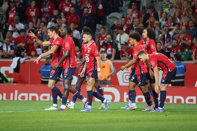 Joie des joueurs du LOSC après le but de Mohamed BAYO (LOSC Lille) lors du match LOSC Lille vs Angers SCO, Ligue 1, Decathlon Arena stade Pierre Mauroy, le 24 août 2024 FOOTBALL : LOSC Lille vs Angers SCO - Ligue 1 24 08 2024 LaurentSanson Panoramic 