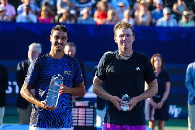 August 24, 2024: Lorenzo Sonego (left) and Alex Michelsen during trophy ceremony. Lorenzo Sonego won the tournament. Winston-Salem Open, ATP, Tennis Herren Tour, Singles Final. Wake Forest Tennis Complex, Winston Salem, North Carolina. . CSM Winston Salem United States of America - ZUMAc04_ 20240824_zma_c04_275 Copyright: xDavidxBeachx