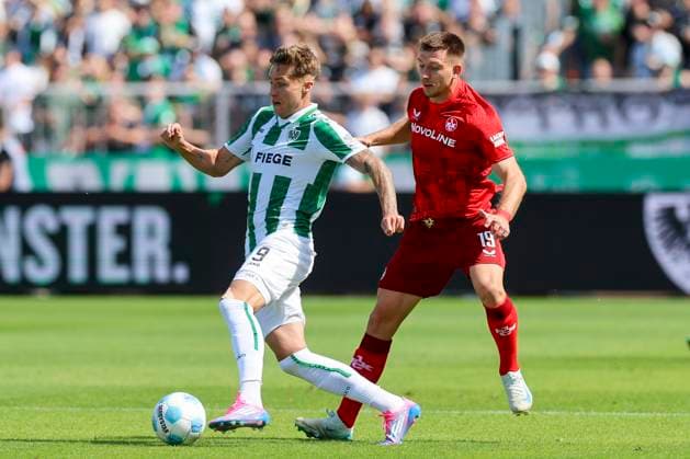Joel Grodowski (SC Preussen Muenster) und Daniel Hanslik (1. FC Kaiserslautern) kaempfen um den Ball, 2. Bundesliga, Preußen Münster vs 1. FC Kaiserslautern, Preußenstadion am 24. August 2024 in Münster, Deutschland. (Foto von Marco Steinbrenner DeFodi Images) Joel Grodowski (SC Preussen Muenster) und Daniel Hanslik (1. FC Kaiserslautern) battle for the ball, 2. Bundesliga, Preußen Münster vs 1. FC Kaiserslautern, Preußenstadion, August 24, 2024 in Münster, Germany. (Photo by Marco Steinbrenner DeFodi Images) DFB DFL REGULATIONS PROHIBIT ANY USE OF PHOTOGRAPHS AS IMAGE SEQUENCES AND OR QUASI-VIDEO. Defodi-700_scp_fcK_20240824_166