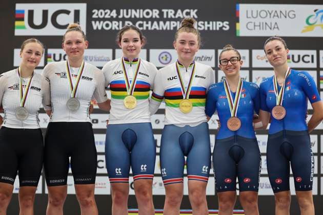 Sport Themen der Woche KW34 Sport Bilder des Tages 2024 UCI Junior Track World Championships Picture by Alex Whitehead SWpix.com - 25 08 2024 - Cycling - 2024 UCI Junior Track World Championships - Luoyang Velodrome, Henan Province, China - Women™s Madison Podium - Erin Boothman (Great Britain) and Carys Lloyd (Great Britain) receiving the Gold Medal with Messane Bräutigam (Germany) and Judith Friederike Rottmann (Germany) receiving the Silver Medal and Anita Baima (Italy) and Linda Sanarini (Italy) receiving the Bronze Medal Copyright: x xSWpix.comx(t axPhotographyxHubxLtd)xAlexxWhitehead SWpix.comx SWP-2416-3012