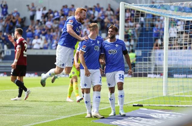 25.08.2024, xdcx, Fussball 2. Bundesliga, SV Darmstadt 98 - 1. FC Nürnberg, emonline, emspor, despor, v.l., Torjubel zum 1:0 durch Isac Lidberg (SV Darmstadt 98), Goal celebration, celebrate the goal DFL DFB REGULATIONS PROHIBIT ANY USE OF PHOTOGRAPHS AS IMAGE SEQUENCES AND OR QUASI-VIDEO.