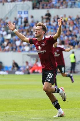 25.08.2024, xtvx, Fussball 2.Bundesliga, SV Darmstadt 98 - 1.FC Nürnberg emspor, v.l. Goal scored, Tor zum 1:1 Michal Sevcik (1. FC Nuernberg) Torjubel, Goal celebration, celebrate the goal, celebrates scoring (DFL DFB REGULATIONS PROHIBIT ANY USE OF PHOTOGRAPHS as IMAGE SEQUENCES and or QUASI-VIDEO) Darmstadt
