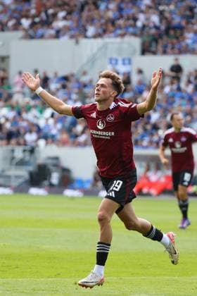 25.08.2024, xtvx, Fussball 2.Bundesliga, SV Darmstadt 98 - 1.FC Nürnberg emspor, v.l. Goal scored, Tor zum 1:1 Michal Sevcik (1. FC Nuernberg) Torjubel, Goal celebration, celebrate the goal, celebrates scoring (DFL DFB REGULATIONS PROHIBIT ANY USE OF PHOTOGRAPHS as IMAGE SEQUENCES and or QUASI-VIDEO) Darmstadt