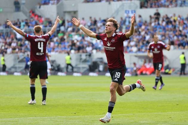 25.08.2024, xtvx, Fussball 2.Bundesliga, SV Darmstadt 98 - 1.FC Nürnberg emspor, v.l. Goal scored, Tor zum 1:1 Michal Sevcik (1. FC Nuernberg) Torjubel, Goal celebration, celebrate the goal, celebrates scoring (DFL DFB REGULATIONS PROHIBIT ANY USE OF PHOTOGRAPHS as IMAGE SEQUENCES and or QUASI-VIDEO) Darmstadt