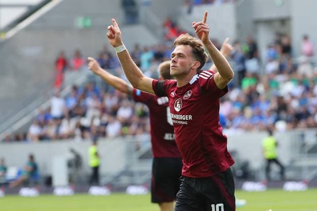 25.08.2024, xtvx, Fussball 2.Bundesliga, SV Darmstadt 98 - 1.FC Nürnberg emspor, v.l. Goal scored, Tor zum 1:1 Michal Sevcik (1. FC Nuernberg) Torjubel, Goal celebration, celebrate the goal, celebrates scoring (DFL DFB REGULATIONS PROHIBIT ANY USE OF PHOTOGRAPHS as IMAGE SEQUENCES and or QUASI-VIDEO) Darmstadt