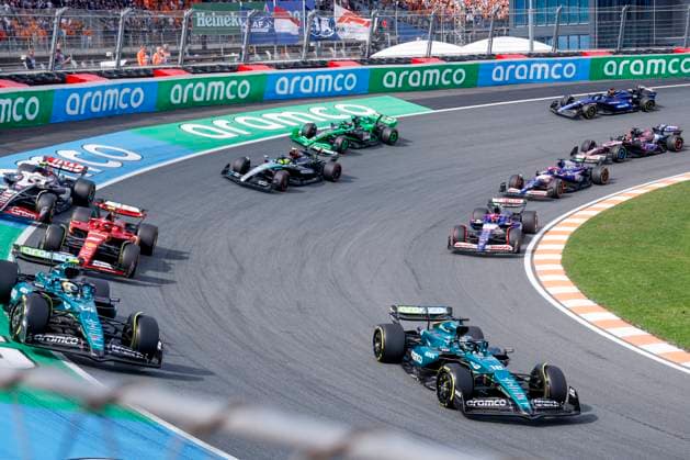 Lance Stroll of Canada and Aston Martin Aramco F1 Team and Fernando Alonso of Spain and Aston Martin Aramco F1 Team and Carlos Sainz of Spain and Scuderia Ferrari and Yuki Tsunoda of Japan and Visa Cash App RB F1 Team and Daniel Ricciardo of Australia and Visa Cash App RB F1 Team during the F1 Grand Prix of Netherlands at Circuit Park Zandvoort on August 25, 2024 in Zandvoort, Netherlands. Defodi-704_MTB20240825F1MTBPhoto-7810