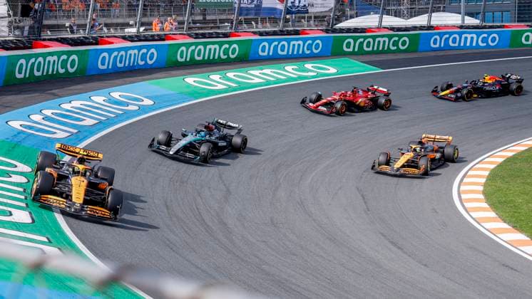 Lando Norris of Great Britain and McLaren Formula 1 Team and George Russell of Great Britain and Mercedes-AMG Petronas F1 Team and Oscar Piastri of Australia and McLaren Formula 1 Team and Charles Leclerc of Monaco and Scuderia Ferrari and Sergio Perez of Mexico and Oracle Red Bull Racing during the F1 Grand Prix of Netherlands at Circuit Park Zandvoort on August 25, 2024 in Zandvoort, Netherlands. Defodi-704_MTB20240825F1MTBPhoto-7794