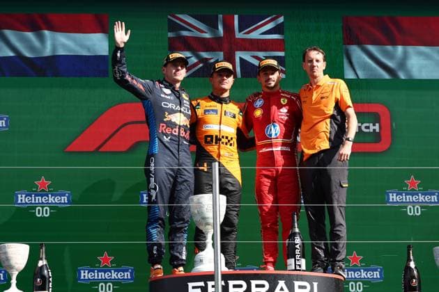 F1 Grand Prix Of The Netherlands 2024 Max Verstappen of Red Bull Racing, Lando Norris of McLaren and Charles Leclerc of Ferrari after the Formula 1 Grand Prix of The Netherlands at Circuit Zandvoort in Zandvoort, Netherlands on August 25, 2024. Zandvoort Netherlands  Copyright: xJakubxPorzyckix originalFilename:porzycki-f1grandp240825_npA54.jpg