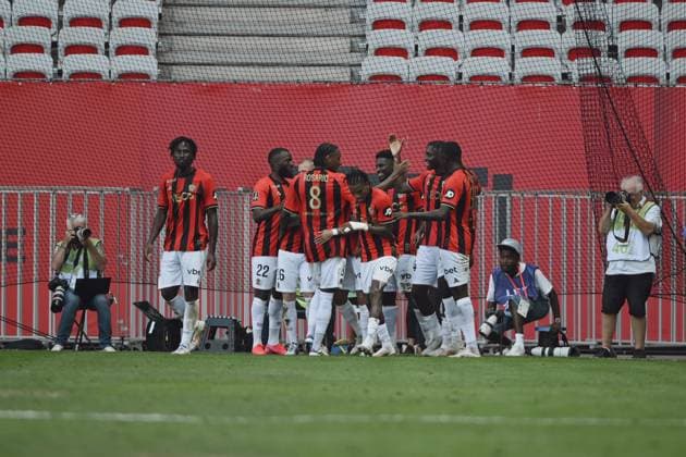 OGC Nice team joy after CLAUSS Jonathan (OGC Nice) mark a goal. OGC Nice vs Toulouse FC, Ligue 1 in Allianz Riviera, NICE, France, on August 25, 2024. FOOTBALL : OGC Nice vs Toulouse FC - Ligue 1 - 25 08 25 FredDides Panoramic 