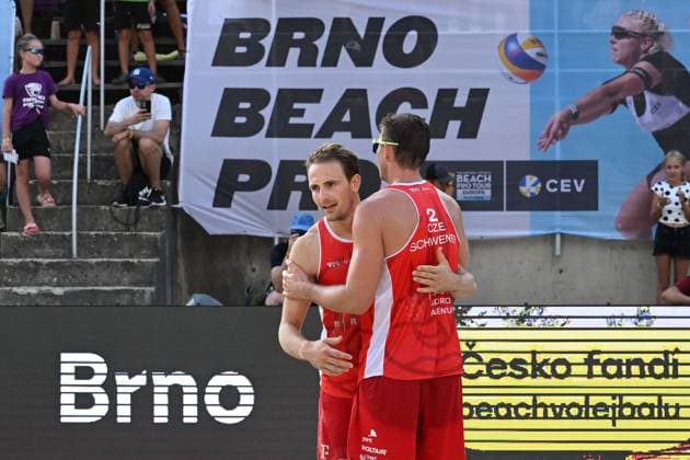 Ondrej Perusic, David Schweiner of Czech Republic celebrate victory after the Brno Beach Pro, Beach volleyball, Beachvolleyball tournament of Futures category, on August 25, 2024, in Brno, Czech Republic. (CTKxPhoto VaclavxSalek) CTKPhotoP2024082505213  CTKPhotoP2024082505213