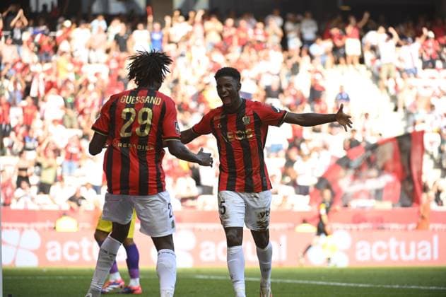 Joy of CHO Mohamed-ali (OGC Nice) and GUESSAND Evann (OGC Nice) after his canceled but. OGC Nice vs Toulouse FC, Ligue 1 in Allianz Riviera, NICE, France, on August 25, 2024. FOOTBALL : OGC Nice vs Toulouse FC - Ligue 1 - 25 08 25 FredDides Panoramic 