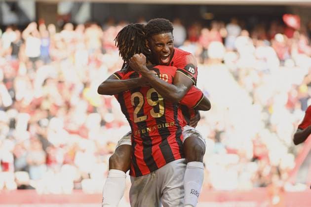 Joy of CHO Mohamed-ali (OGC Nice) and GUESSAND Evann (OGC Nice) after his canceled but. OGC Nice vs Toulouse FC, Ligue 1 in Allianz Riviera, NICE, France, on August 25, 2024. FOOTBALL : OGC Nice vs Toulouse FC - Ligue 1 - 25 08 25 FredDides Panoramic 