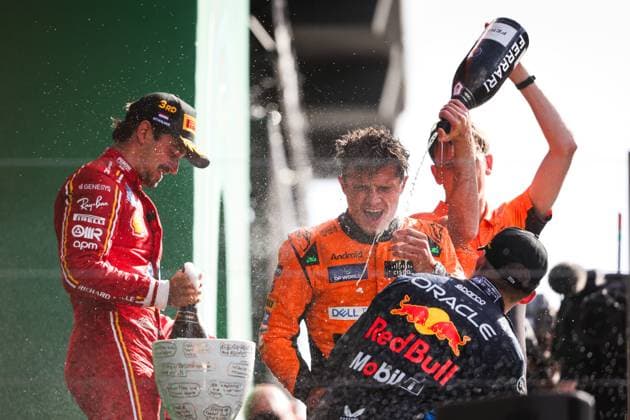 16 Charles Leclerc (MCO, Scuderia Ferrari HP), 4 Lando Norris (GBR, McLaren Formula 1 Team), 1 Max Verstappen (NLD, Oracle Red Bull Racing), F1 Grand Prix of the Netherlands at Circuit Zandvoort on August 25, 2024 in Zandvoort, Netherlands. (Photo by HOCH ZWEI) Zandvoort Netherlands