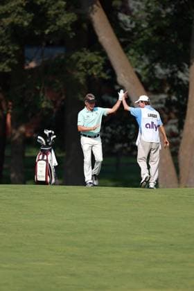 The Ally Challenge GRAND BLANC,MICHIGAN-AUGUST 25: Bernhard Langer of Germany celebrates with his caddiel, having made his shot from the fairway into the 1st hole during the final round of The Ally Challenge presented by McLaren at Warwick Hills Golf & Country Club, Grand Blanc, MI, USA Sunday, August 25, 2024. Grand Blanc Michigan United States  Copyright: xAmyxLemusx originalFilename:lemus-theallyc240825_npsYM.jpg
