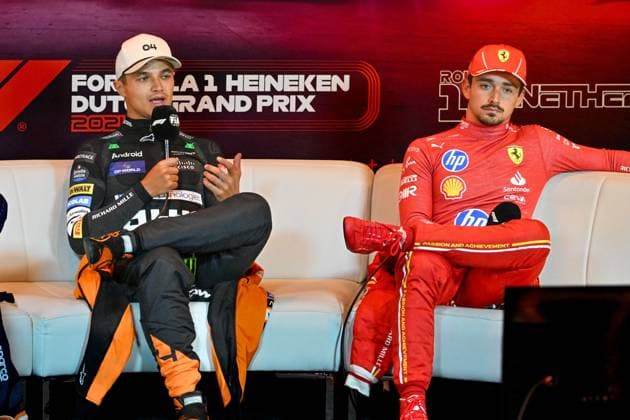 Formel 1 GP Zandvoort Holland. Sonntag, 25.08.2024 Lando Norris 4, McLaren Formula 1 Team und Charles Leclerc 16, Scuderia Ferrari in der Pressekonferenz; Formel 1 GP Zandvoort Holland. Sonntag, 25.08.2024 Copyright: xBEAUTIFULxSPORTS Erlhofx