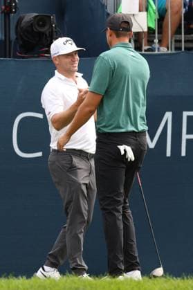 CASTLE ROCK, CO - AUGUST 25: PGA, Golf Herren golfer Ludvig Aberg in green shirt greets Alex Noren on the first tee during the final round of the PGA FedExCup BMW Championship on August 25th, 2024, at Castle Pines Golf Club in Castle Rock, Colorado. (Photo by Brian Spurlock Icon Sportswire) GOLF: AUG 25 PGA FedExCup Playoffs - BMW Championship EDITORIAL USE ONLY Icon24082516