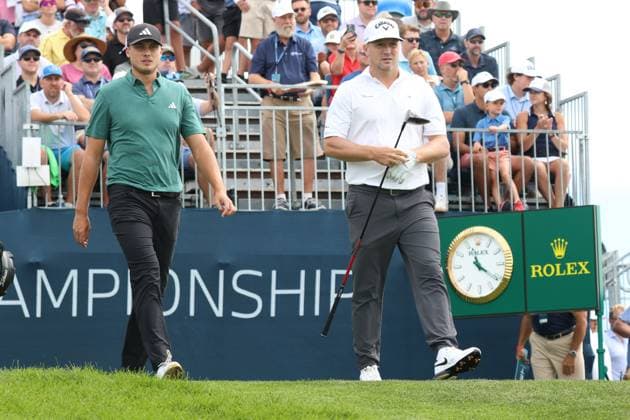 CASTLE ROCK, CO - AUGUST 25: PGA, Golf Herren golfers Ludvig Aberg in green shirt and Alex Noren walk the first hole during the final round of the PGA FedExCup BMW Championship on August 25th, 2024, at Castle Pines Golf Club in Castle Rock, Colorado. (Photo by Brian Spurlock Icon Sportswire) GOLF: AUG 25 PGA FedExCup Playoffs - BMW Championship EDITORIAL USE ONLY Icon24082526
