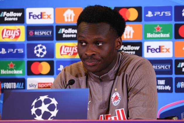SOCCER - UEFA CL, RBS vs Kyiv SALZBURG,AUSTRIA,26.AUG.24 - SOCCER - UEFA Champions League, qualification, Red Bull Salzburg vs FC Dynamo Kyiv, preview, press conference, PK, Pressekonferenz RBS. Image shows Samson Baidoo (RBS).  GEPAxpictures xDavidxGeieregger