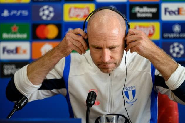 240826 Head coach Henrik Rydström of Malmö FF during a press conference, PK, Pressekonferenz with Malmö FF on August 26, 2024 in Prague. Photo: Mathilda Ahlberg BILDBYRAN kod MA MA0708 fotboll football soccer fotball champions league presskonferens press conference malmö ff bbeng Copyright: MATHILDAxAHLBERG BB240826MA044