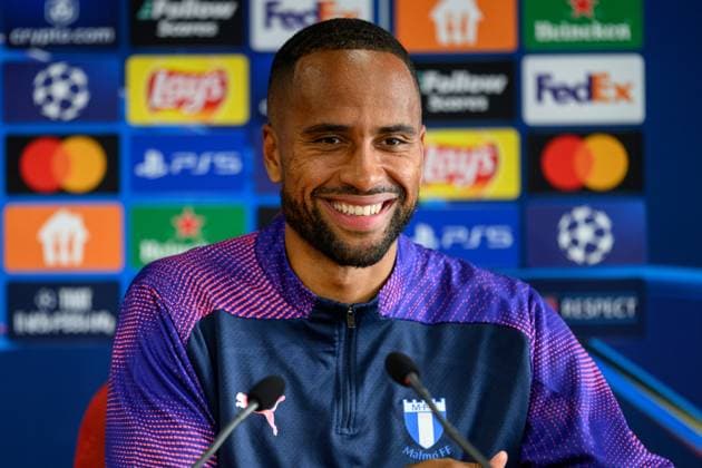 240826 Isaac Kiese Thelin of Malmö FF during a press conference, PK, Pressekonferenz with Malmö FF on August 26, 2024 in Prague. Photo: Mathilda Ahlberg BILDBYRAN kod MA MA0708 fotboll football soccer fotball champions league presskonferens press conference malmö ff bbeng Copyright: MATHILDAxAHLBERG BB240826MA045