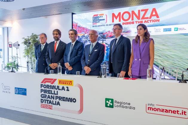 From left: Giuseppe Redaelli (President of AUtodromo Nazionale Monza), Geronimo La Russa (President ACI Milano), Attilio Fontana (President of Regione Lombardia), Angelo Sticchi Damiani (President ACI - Automobile Club d Italia), Paolo Pilotto (Mayor of Monza), Alessia Cappello (Councilor for Economic Development and Labor Policies of Milan) during Formula 1 - Pirelli Gran Premio d Italia 2024 - Conferenza Stampa, Formula 1 Championship in Monza, Italy, August 27 2024  Copyright: xLucaxRossini IPAxSportx xipa-agex xx IPA_49108315 IPA_Agency_IPA49108315