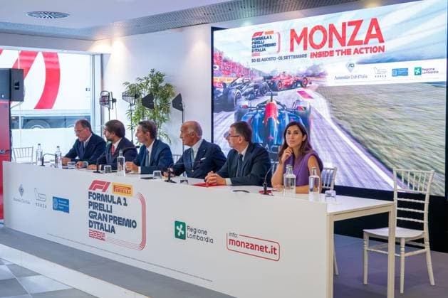 From left: Giuseppe Redaelli (President of AUtodromo Nazionale Monza), Geronimo La Russa (President ACI Milano), Attilio Fontana (President of Regione Lombardia), Angelo Sticchi Damiani (President ACI - Automobile Club d Italia), Paolo Pilotto (Mayor of Monza), Alessia Cappello (Councilor for Economic Development and Labor Policies of Milan) during Formula 1 - Pirelli Gran Premio d Italia 2024 - Conferenza Stampa, Formula 1 Championship in Monza, Italy, August 27 2024  Copyright: xLucaxRossini IPAxSportx xipa-agex xx IPA_49108331 IPA_Agency_IPA49108331
