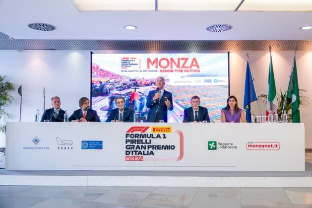From left: Giuseppe Redaelli (President of Autodromo Nazionale Monza), Geronimo La Russa (President ACI Milano), Attilio Fontana (President of Regione Lombardia), Angelo Sticchi Damiani (President ACI - Automobile Club d Italia), Paolo Pilotto (Mayor of Monza), Alessia Cappello (Councilor for Economic Development and Labor Policies of Milan) during Formula 1 - Pirelli Gran Premio d Italia 2024 - Conferenza Stampa, Formula 1 Championship in Monza, Italy, August 27 2024  Copyright: xLucaxRossini IPAxSportx xipa-agex xx IPA_49108349 IPA_Agency_IPA49108349
