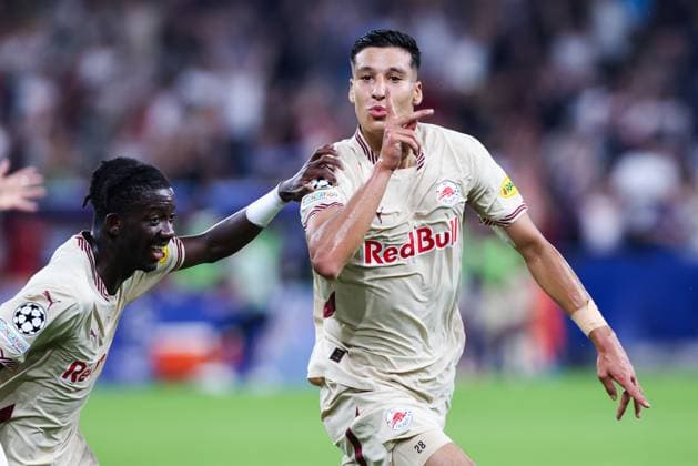 SOCCER - UEFA CL, RBS vs Kyiv SALZBURG,AUSTRIA,27.AUG.24 - SOCCER - UEFA Champions League, qualification, Red Bull Salzburg vs FC Dynamo Kyiv. Image shows the rejoicing of Adam Daghim (RBS).  GEPAxpictures xMathiasxMandl