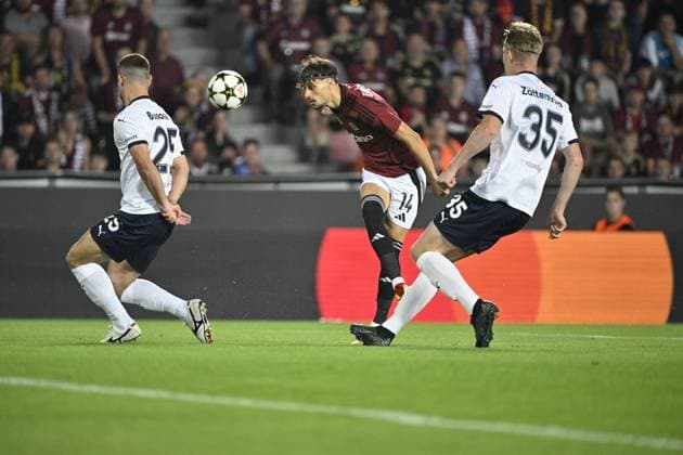 From left Gabriel Busanello of Malmo, Veljko Birmancevic of Sparta, Nils Zatterstrom of Malmo in action during the Football Champions League 4th qualifying round Return match: Sparta Prague vs Malmo FF in Prague, Czech Republic, August 27, 2024. (CTKxPhoto KaterinaxSulova) CTKPhotoP2024082707154  CTKPhotoP2024082707154