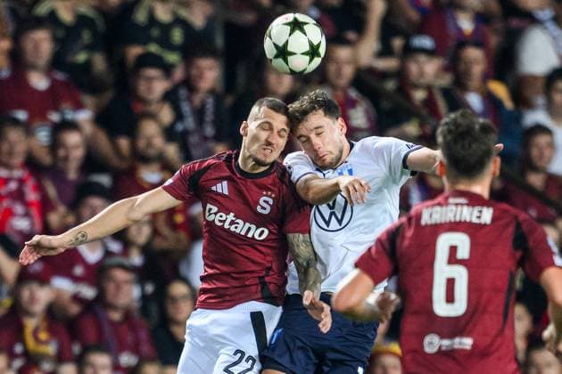 240827 Lukas Haraslin of Sparta Prag and Colin Rösler of Malmö FF during the UEFA Champions League football match between Sparta Prague and Malmö FF on August 27, 2024 in Prague. Photo: Mathilda Ahlberg BILDBYRAN kod MA MA0710 fotboll football soccer fotball champions league sparta prag malmö ff bbeng bbauto Copyright: MATHILDAxAHLBERG BB240827MA110