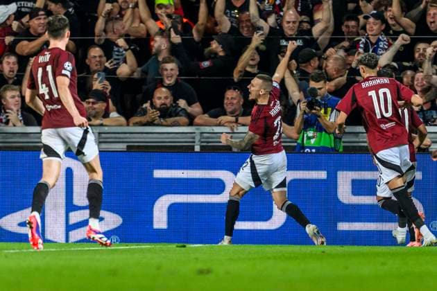 240827 Lukas Haraslin of Sparta Prag celebrates 1-0 during the UEFA Champions League football match between Sparta Prague and Malmö FF on August 27, 2024 in Prague. Photo: Mathilda Ahlberg BILDBYRAN kod MA MA0710 fotboll football soccer fotball champions league sparta prag malmö ff bbeng sparta prague jubel Copyright: MATHILDAxAHLBERG BB240827MA180