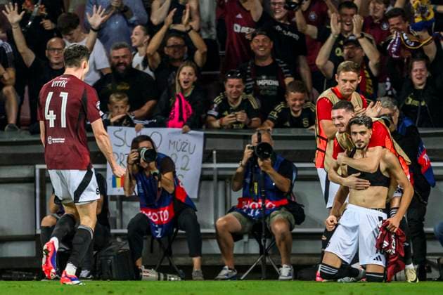 240827 Albion Rrahmani of Sparta Prag celebrates scorn 2-0 during the UEFA Champions League football match between Sparta Prague and Malmö FF on August 27, 2024 in Prague. Photo: Mathilda Ahlberg BILDBYRAN kod MA MA0710 fotboll football soccer fotball champions league sparta prag malmö ff bbeng sparta prague jubel Copyright: MATHILDAxAHLBERG BB240827MA181