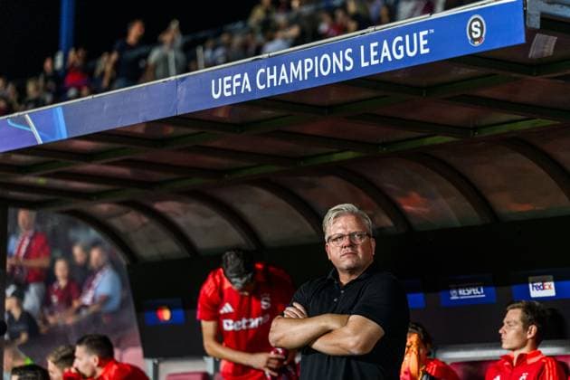 240827 Head coach Lars Friis of Sparta Prag during the UEFA Champions League football match between Sparta Prague and Malmö FF on August 27, 2024 in Prague. Photo: Mathilda Ahlberg BILDBYRAN kod MA MA0710 fotboll football soccer fotball champions league sparta prag malmö ff bbeng sparta prague Copyright: MATHILDAxAHLBERG BB240827MA196