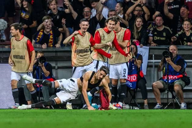 240827 Albion Rrahmani of Sparta Prag celebrates scorn 2-0 during the UEFA Champions League football match between Sparta Prague and Malmö FF on August 27, 2024 in Prague. Photo: Mathilda Ahlberg BILDBYRAN kod MA MA0710 fotboll football soccer fotball champions league sparta prag malmö ff bbeng sparta prague jubel Copyright: MATHILDAxAHLBERG BB240827MA215