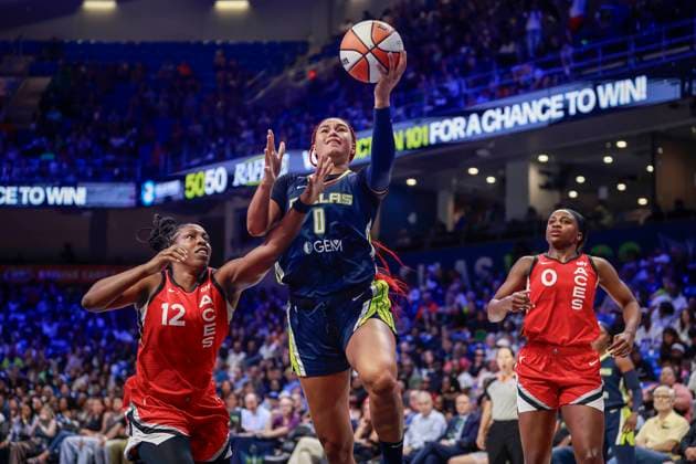 August 27, 2024, Arlington, Texas, USA: Dallas Wings forward SATOU SABALLY (0) drives for a layup during a WNBA, Basketball Damen, USA game between the Las Vegas Aces and Dallas Wings at College Park Center. Wings win 93-90. Arlington USA - ZUMAf180 20240827_zsp_f180_002 Copyright: xMarkxFannx