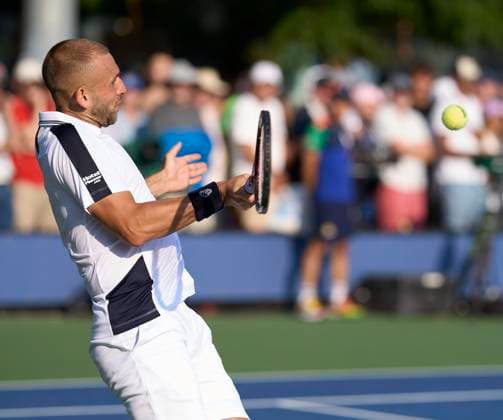 US Open Tennis 2024 Dan Evans plays a forehand against Karen Khachanov during the longest match in US Open history in the first round on court 6 at the 2024 US Open Tennis Championships at the National Tennis centre, New York, New York, 27 Aug 2024., Credit:Peter van den Berg Avalon USA, New York, New York, National Tennis Centre  Copyright: xPeterxvanxdenxBergx xAvalonx 0901956127