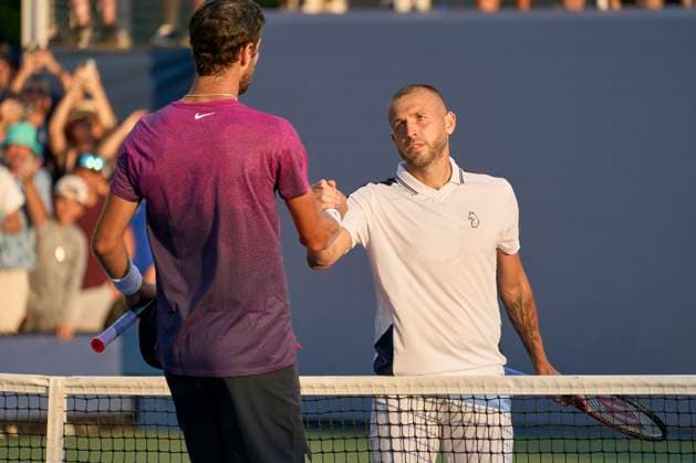 Sport Bilder des Tages US Open Tennis 2024 Dan Evans at the net with Karen Khachanov after the longest match in US Open history in the first round on court 6 at the 2024 US Open Tennis Championships at the National Tennis centre, New York, New York, 27 Aug 2024., Credit:Peter van den Berg Avalon USA, New York, New York, National Tennis Centre  Copyright: xPeterxvanxdenxBergx xAvalonx 0901956185