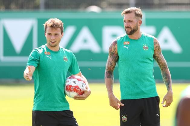 SOCCER - UEFA EL, Rapid vs Braga VIENNA,AUSTRIA,28.AUG.24 - SOCCER - UEFA Europa League, qualification, SK Rapid Wien vs Sporting Club de Braga, preview, training Rapid. Image shows Matthias Seidl and Guido Burgstaller (Rapid).  GEPAxpictures xArminxRauthner